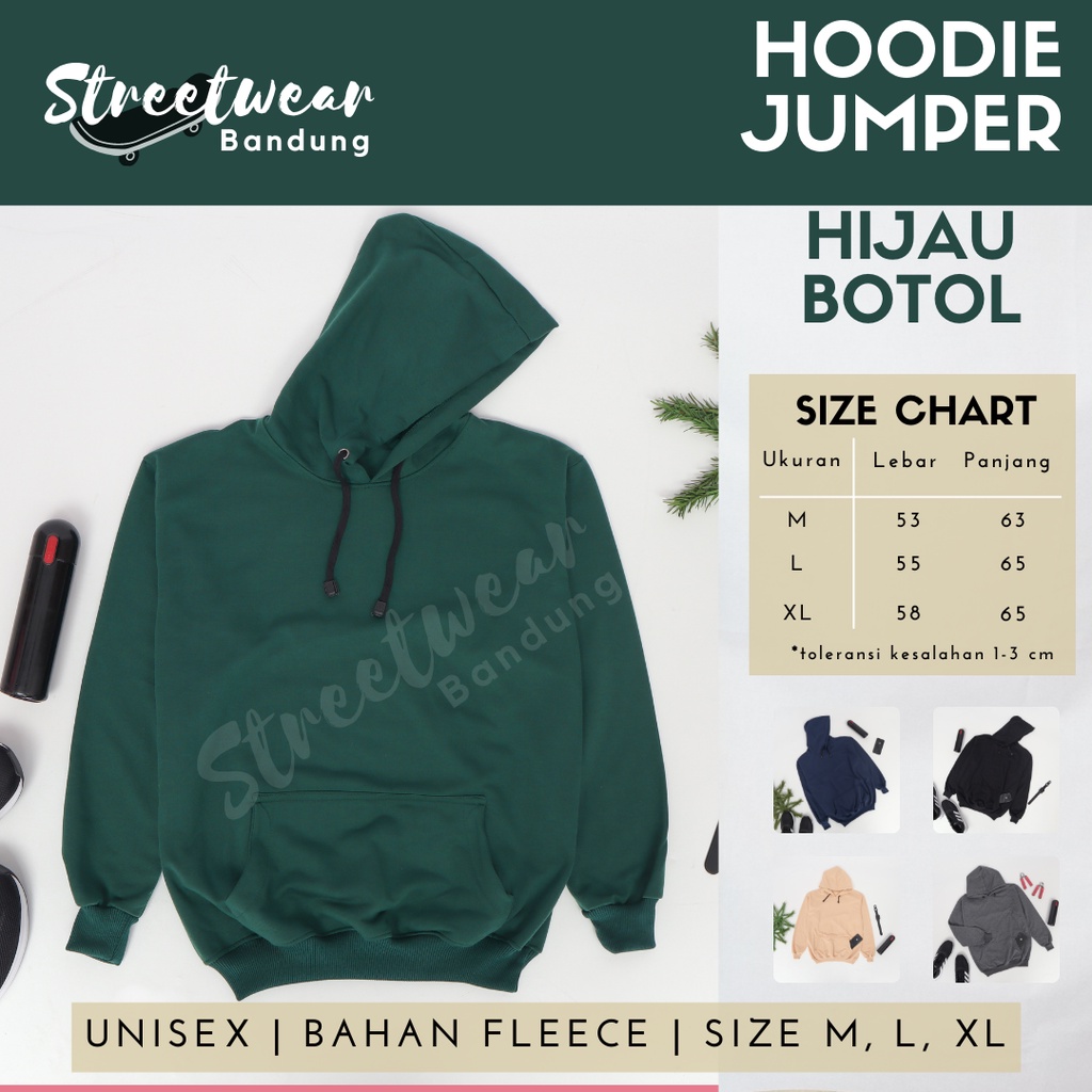 PROMO HOODIE POLOS JUMPER PRIA WANITA BAHAN FLEECE KUALITAS PREMIUM HIJAU BOTOL