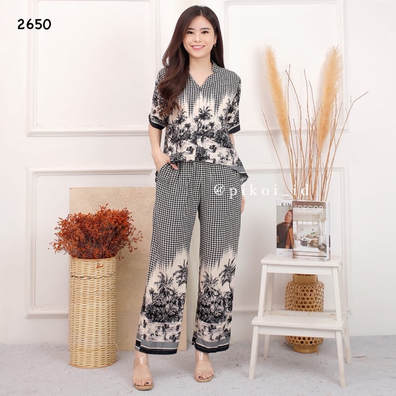 Set rayon celana panjang / setelan blouse celana katun rayon zodiac palm set biru putih hitam / 2550