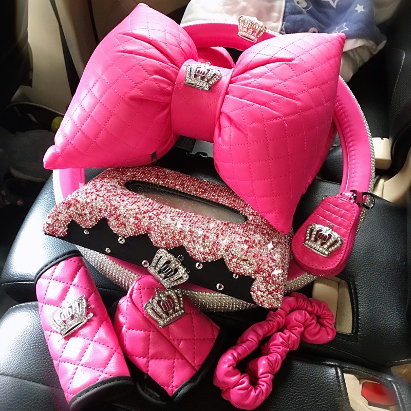 Barang mobil DAD mahkota set pink 8 ini 1Camellia Full Set 8 in 1 | Cover Sarung Stir, Safety Belt, Bantal Jok Mobil