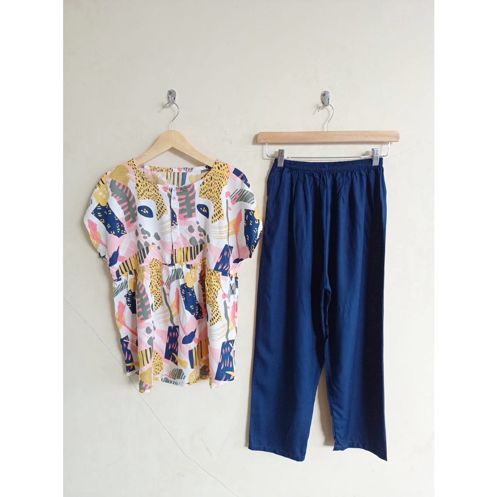 SETELAN BAJU TIDUR PIYAMA WANITA ONE SET PAJAMAS RUFFLE KANCING BUSUI CELANA PANJANG-BBR 18