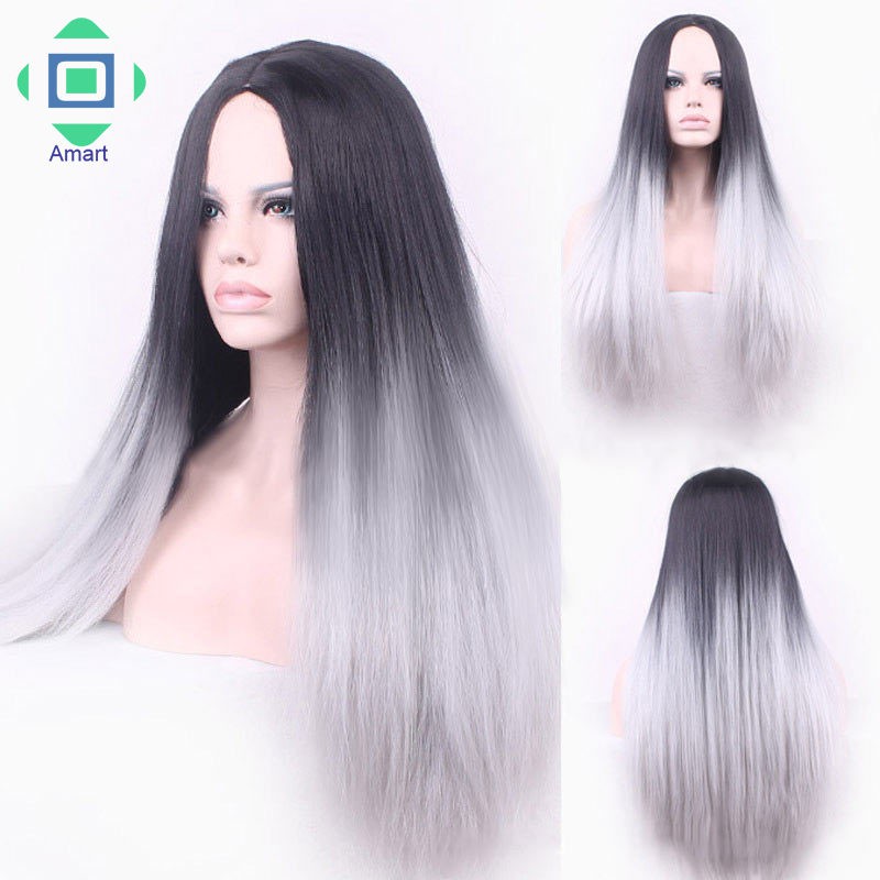 Women Straight Synthetic Wig Glueless Two Tone Natural Black Grey