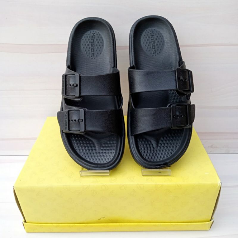 Sandal Pria Kinbos Hitam Selop 40-44 Sendal Birken Slide Slip On Gesper Tali Strip Dua Karet Slop Kokop Lentur Awet Tahan Lama Empuk Cowo Cowok Laki