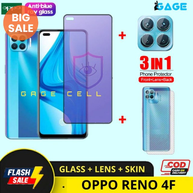 PAKET 3 IN 1- TEMPERED GLASS ANTI RADIASI BLUE LIGHT OPPO RENO 4F / RENO4F FULL SCREEN PROTECTOR