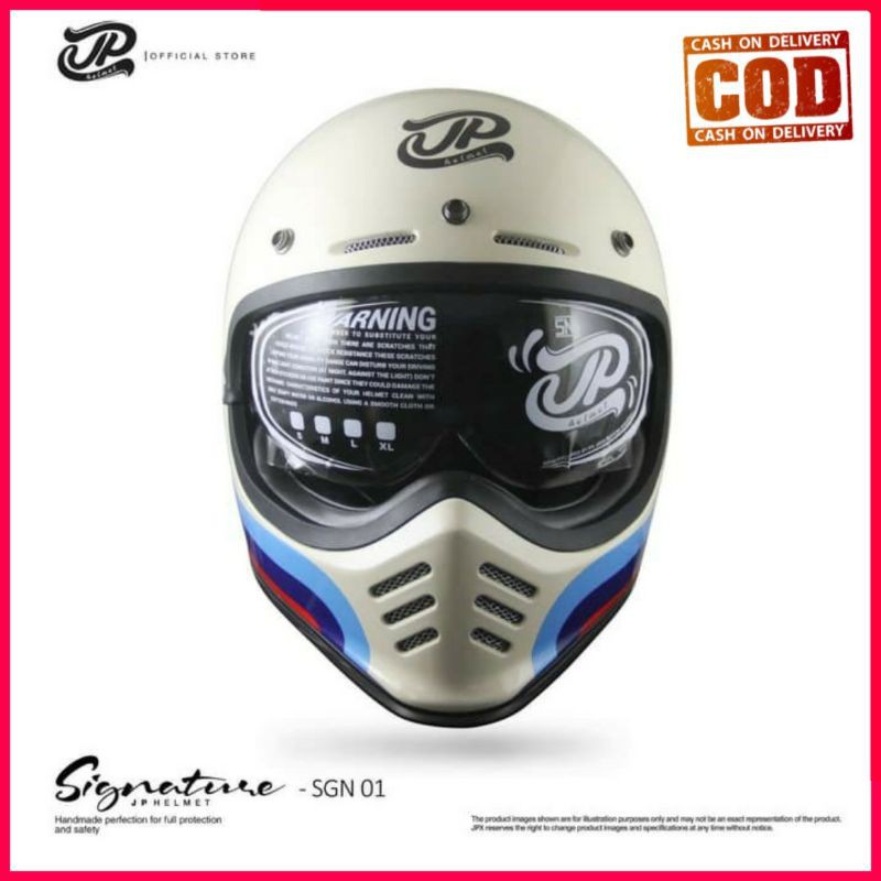 Helm JP Retro Signature SGN - 01 White Cream/Black Gloss FullFace ( Bogo / Klasik / Vespa / JPX )