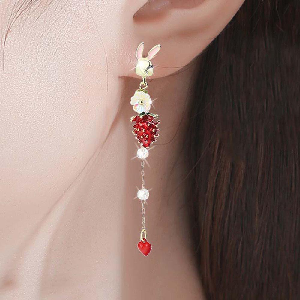 Mxbeauty Anting Menjuntai Wanita Trendi Vintage Asimetris Strawberry Rabbit Drop Earrings