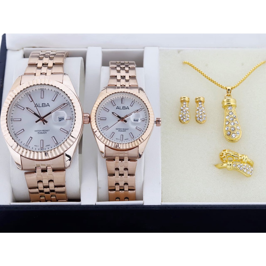 Best Seller !!! Jam Tangan Pria Wanita  couple  pasangan Alba 2240EV Tali Rantai Tanggal Aktif