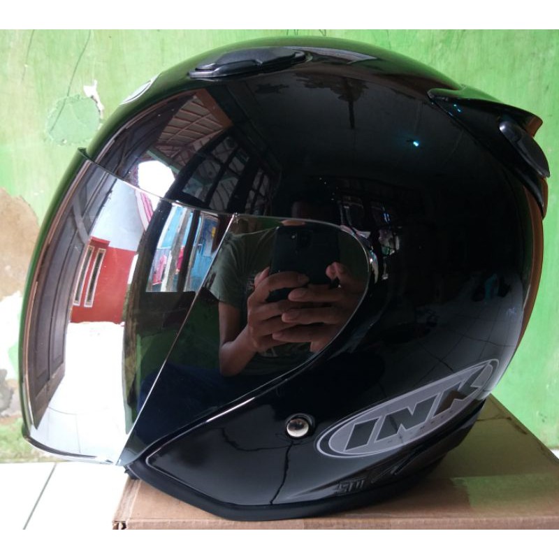 Helm INK KW Super Centro Kaca Silver Helem Half Face Pria Wanita Dewasa SNI Murah Merek GTR-Hitam