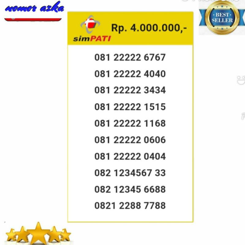 Nomor cantik simpati 081 22222 6767 seri Double AB 6767 rapi Bsm03
