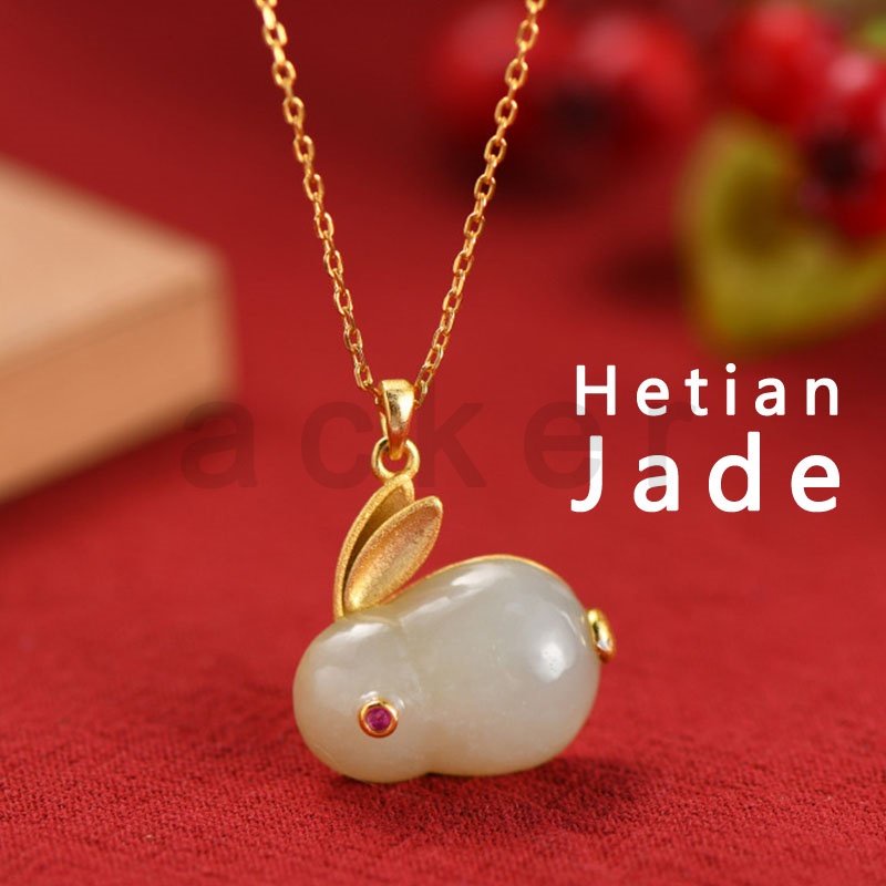 Kalung Liontin Giok Hetian Alami Bentuk Bulan Kelinci Untuk Hadiah Hari Valentine Wanita