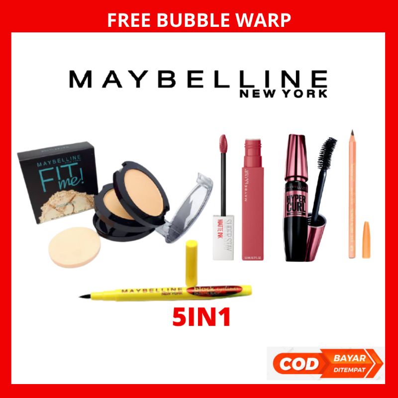 Paket Kosmetik Maybelline fit me 5in1 Lengkap - Paket Makeup Kumplit Maybelline Hemat - Free Bubble Warp