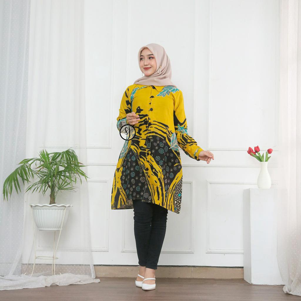 SAROJA | Couple Tunik Keluarga Alisa Kuning | Couple Tunik Batik | Couple Tunik Pasangan | Couple Tunik Ibu Anak Perempuan | Dress Lengan Panjang