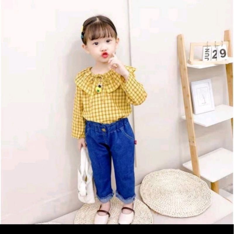 Set pakaian Nanas kotak kotak anak Celana Jeans