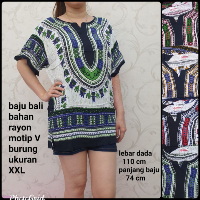 Bali batik krah V motip burung XL dewasa dasar putih