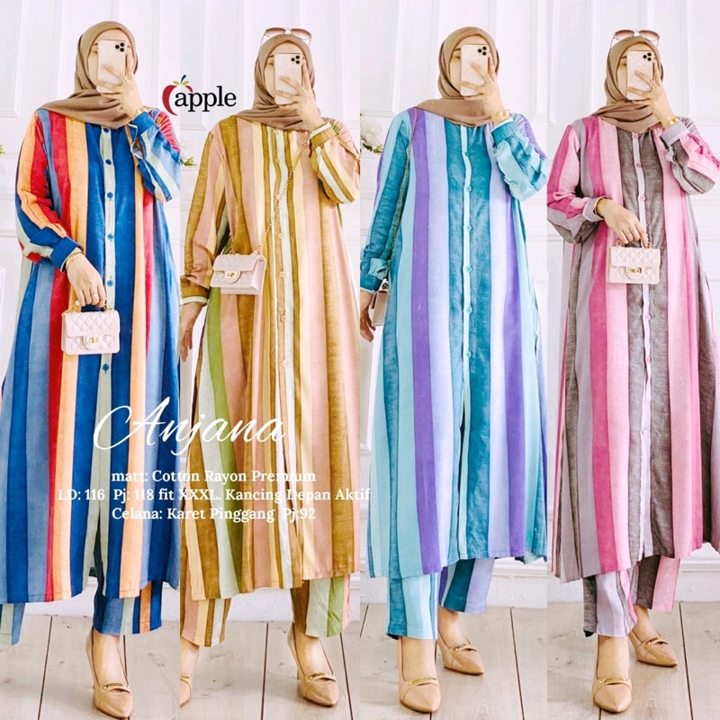 Anjana One Set Jumbo Setelan Tunik & Celana Katun Rayon Garis Salur
