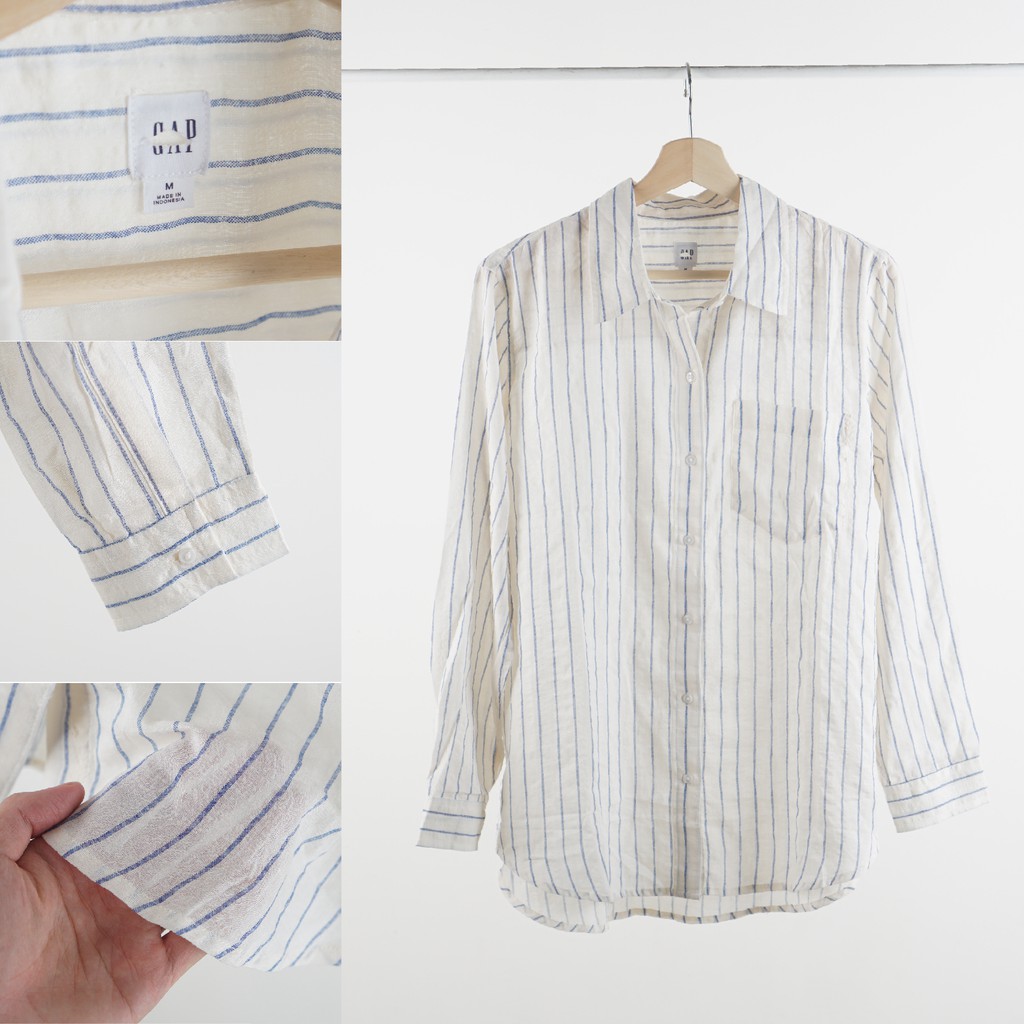 Kemeja Linen Fit To XXL Kerja Wanita Kantor Warna Ivory Motif Garisgaris Brand GAP Harga Murah