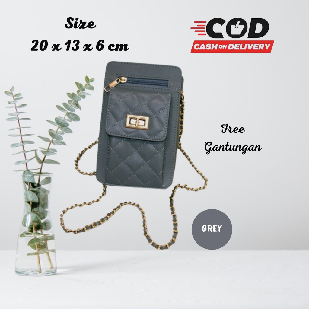 GRAY - Tasmu Kotak Selempang Dompet HP Bahu - Tas Wanita Dewasa Remaja Anak Gadis - Gratis Gantungan