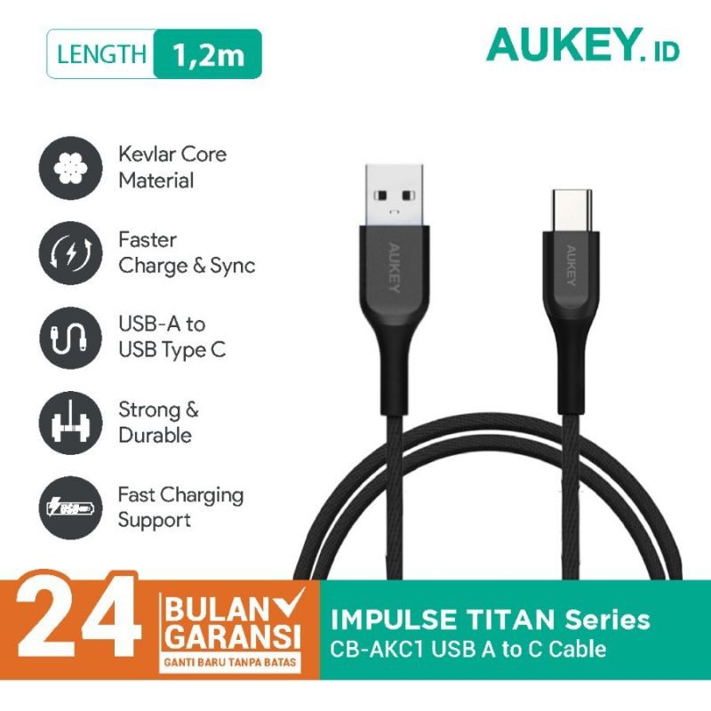 Aukey Cable CB-AKC1 USB A To USB C QC 2.0 Kevlar 1.2M Original Garansi Resmi Aukey