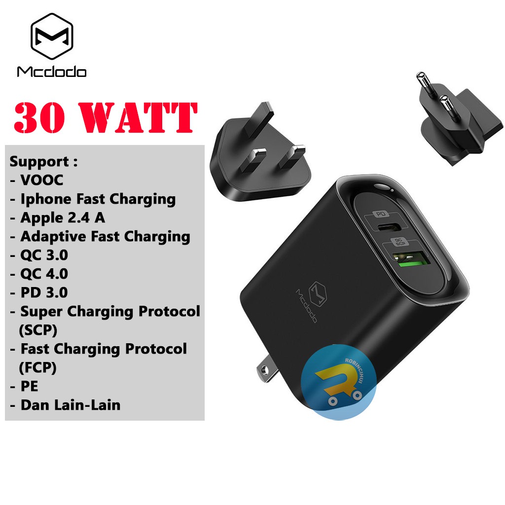 MCDODO Adaptor 30 Watt Charger Dual Slot Fast Charging QC 3.0-QC 4.0-Aplle-Adaptive fast charging