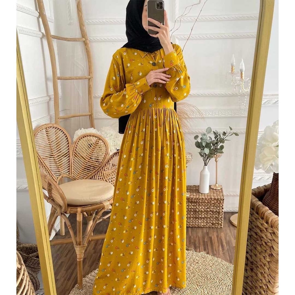 Gamis Rayon Homey Dress Terlaris / Gamis Muslim Syari Motif Terbaru-Sunny  Mustard Dress