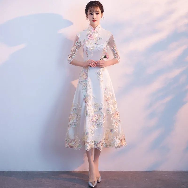 Cheongsam modified lace belly covering slim medium and long dress banquet evening dress short sleeve