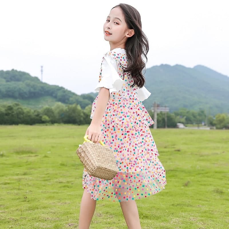 Promo !! Dress anak import trendy / dress polka colorful layer ukuran 3-6tahun