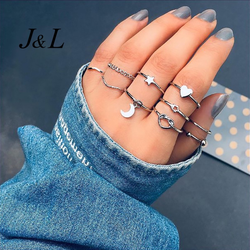 10 pcs/set Trendy Women Jewelry Alloy Silver Moon Heart Star Finger Ring Set