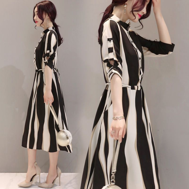 Wanita ramping korea sifon tipis dipotong lengan garis geometris A-line Dress