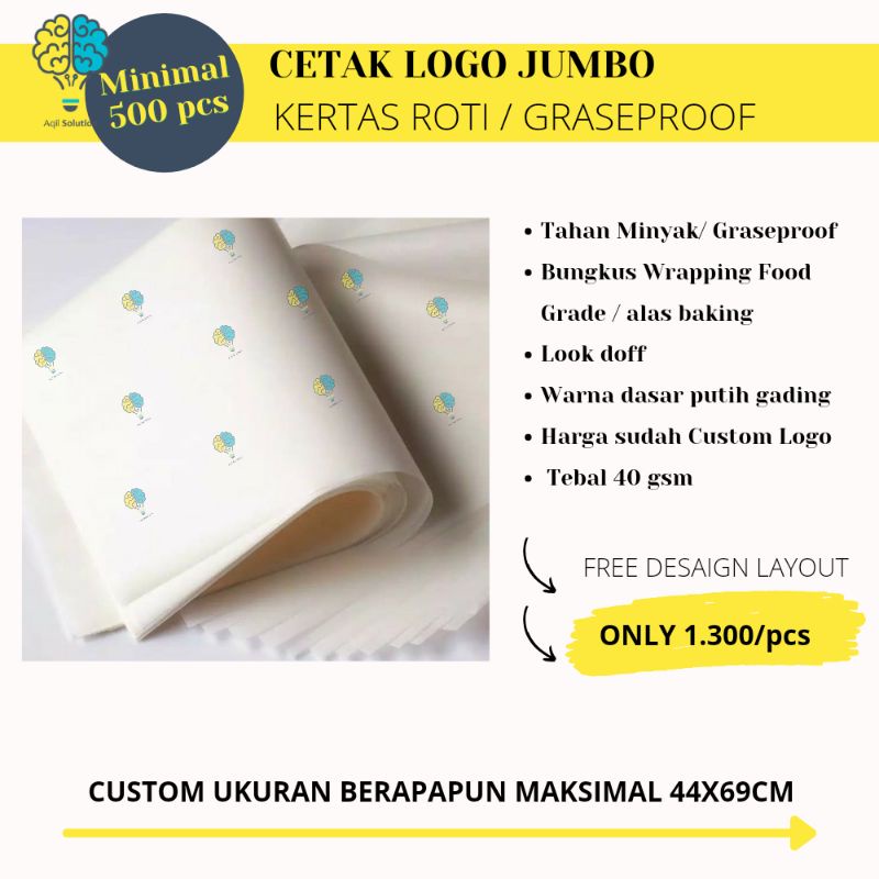 (CETAK LOGO JUMBO) Kertas Roti Perlengkapan Kemasan Foodgrade Graseproof Baking Paper Bungkus Burger Makanan By Aqilsolution