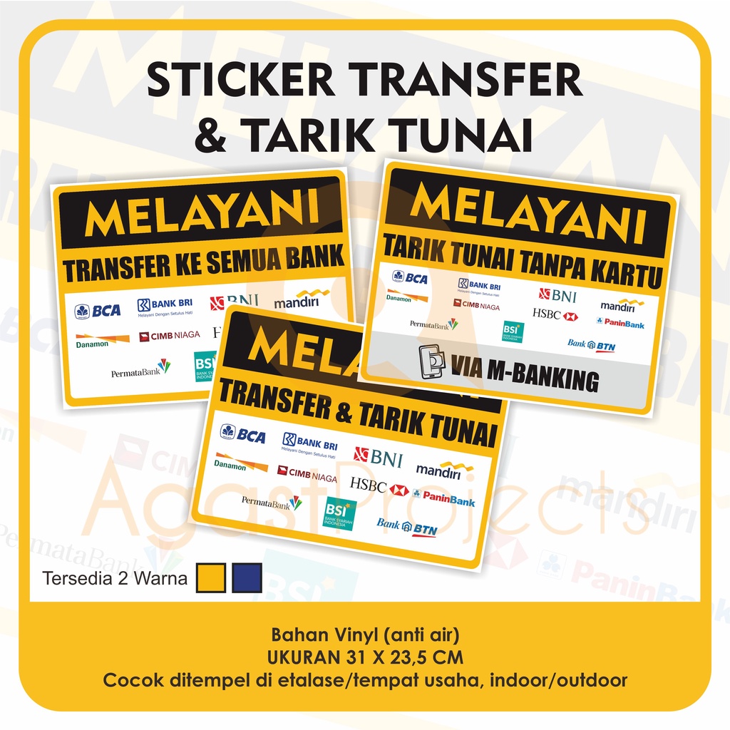 

Sticker Melayani Transfer & Tarik Tunai Semua Bank Stiker Anti Air