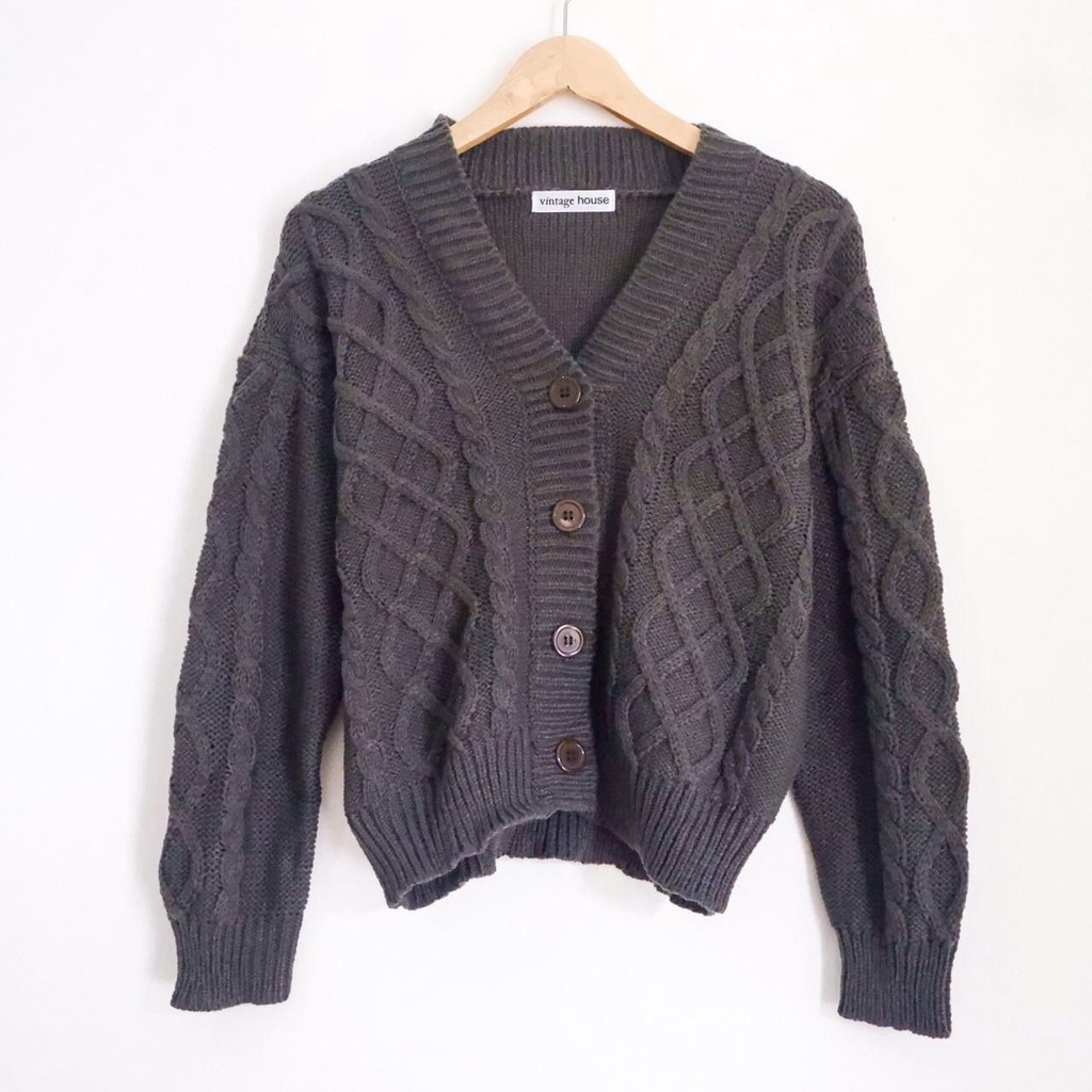 Vintage House Cross Crop Cardi (Cardigan Rajut Cable Wanita Korea / Korean Cardigan)-Ash Grey