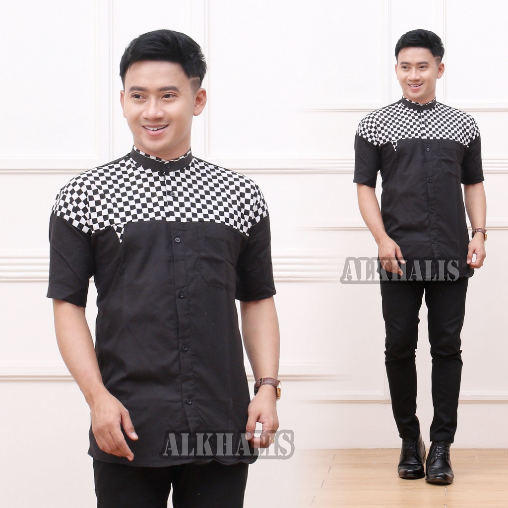 Baju koko Lengan pendek Motif Skak Alkhalis