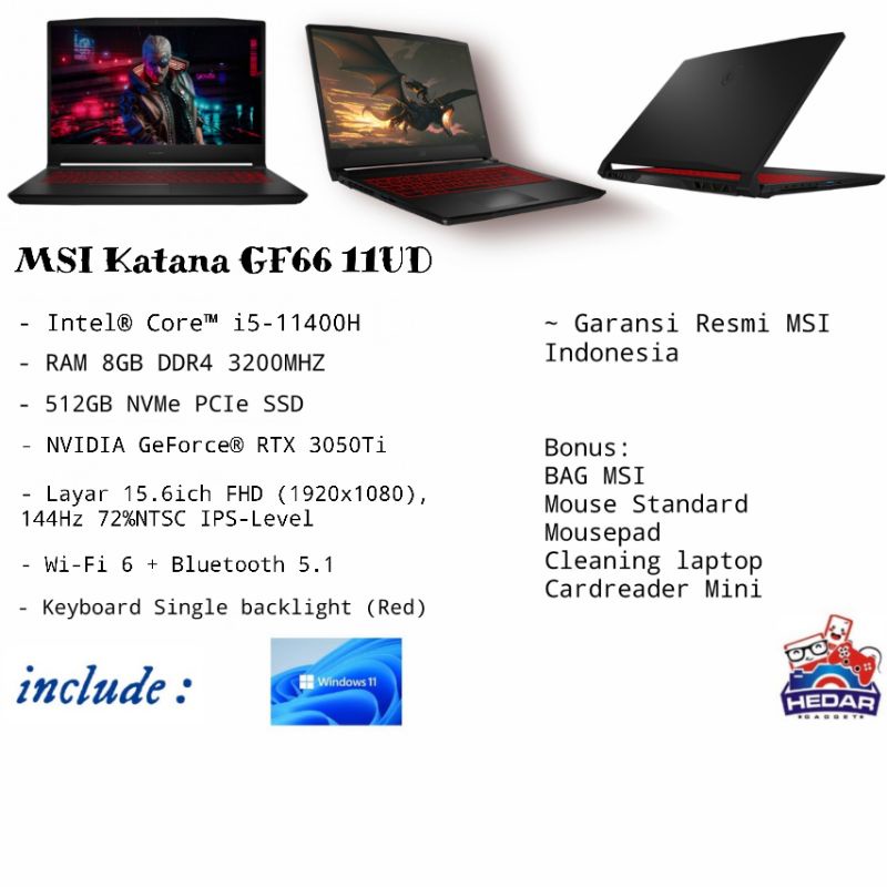 MSI KATANA GF66 11UD i5 11400H 8GB 512GB RTX3050Ti W11 15 FHD 144Hz