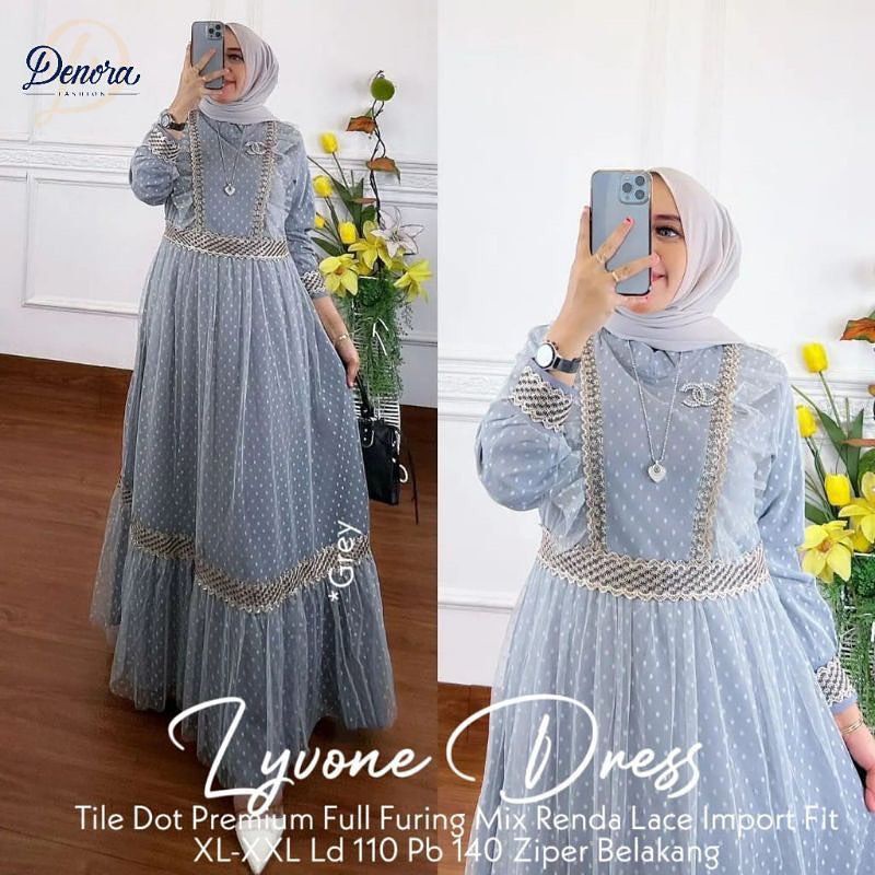 Lyvone Dress Gamis Bahan Tile Dot Premium Full Puring Aplikasi Renda