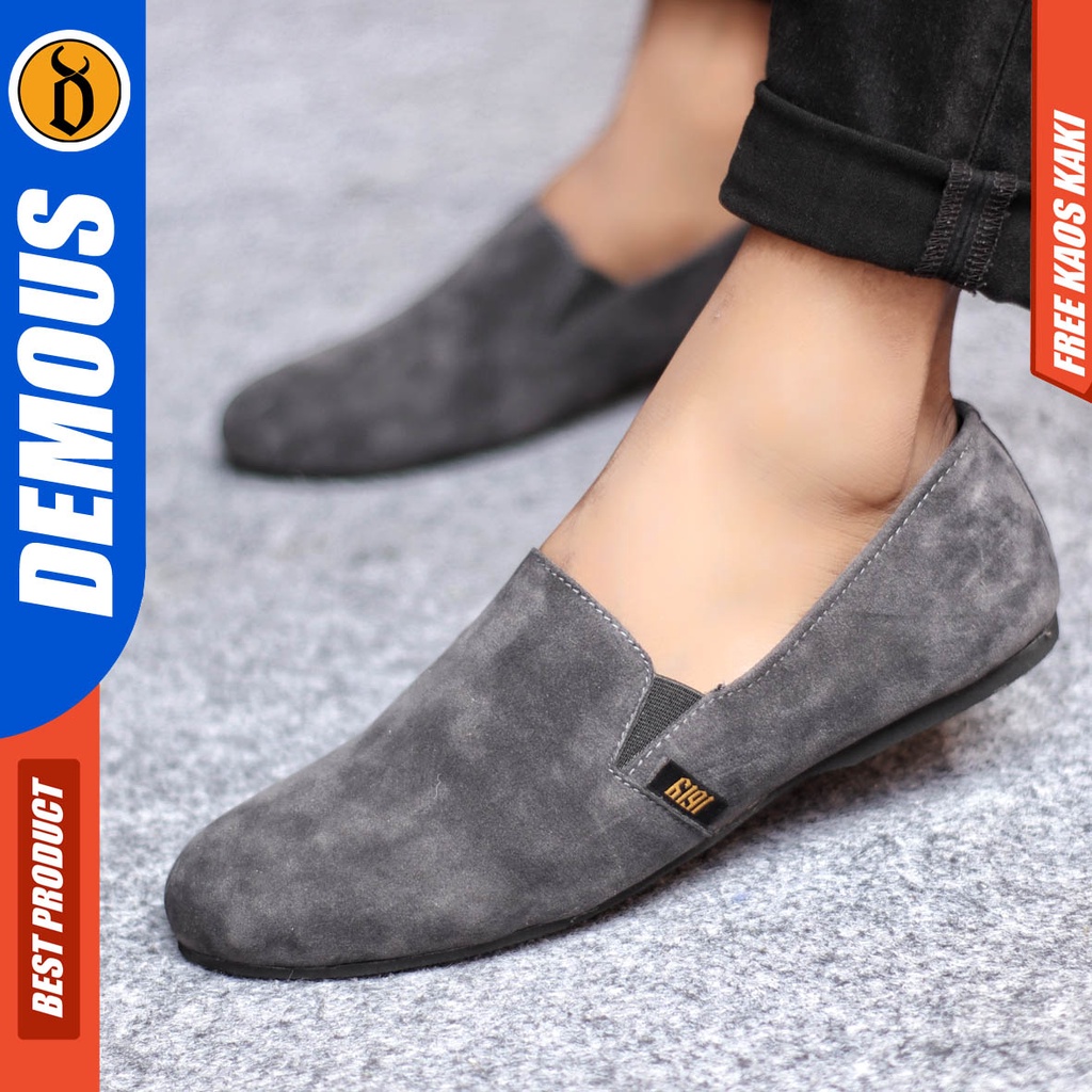 Demous Cord Sepatu Slip On Pria Casual Formal Kulit Suede Kerja Santai Hitam Polos