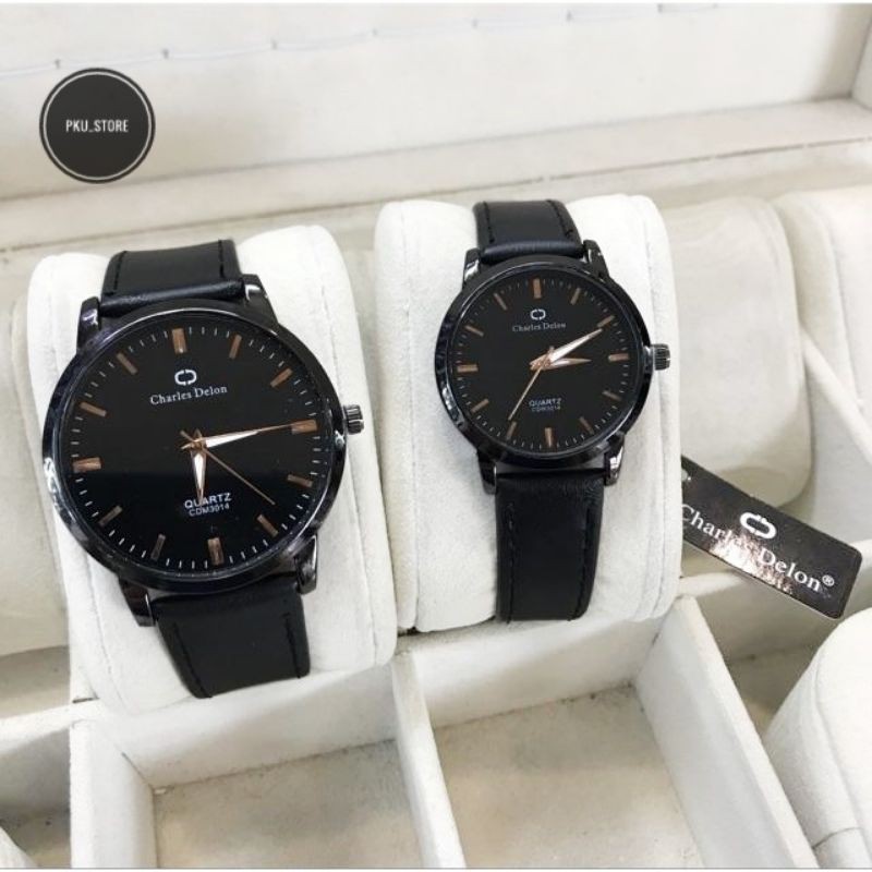 JAM TANGAN COUPLE CHARLES DELON TALI KULIT WATER RESISTANT PRIA DAN WANITA