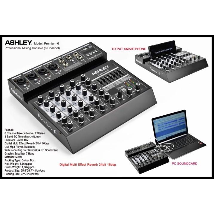 Mixer Audio Ashley Premium 6 Channel Premium-6 Reverb Record Soundcard