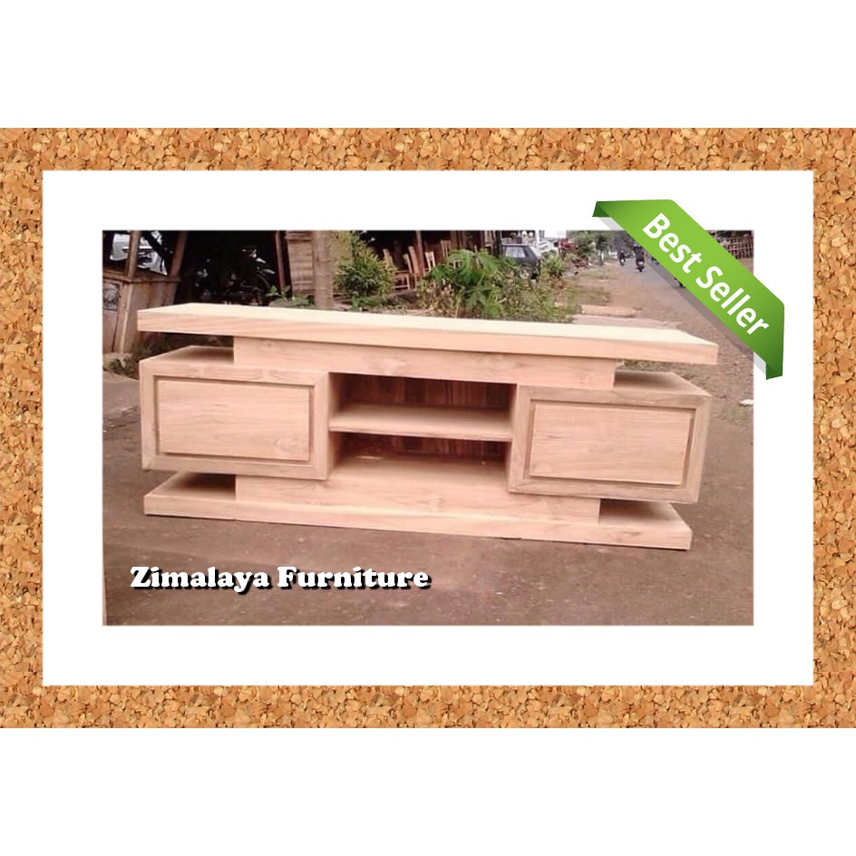 Bufet Meja TV Minimalis Model Kaca Mata Bahan Kayu Jati Unfinishing