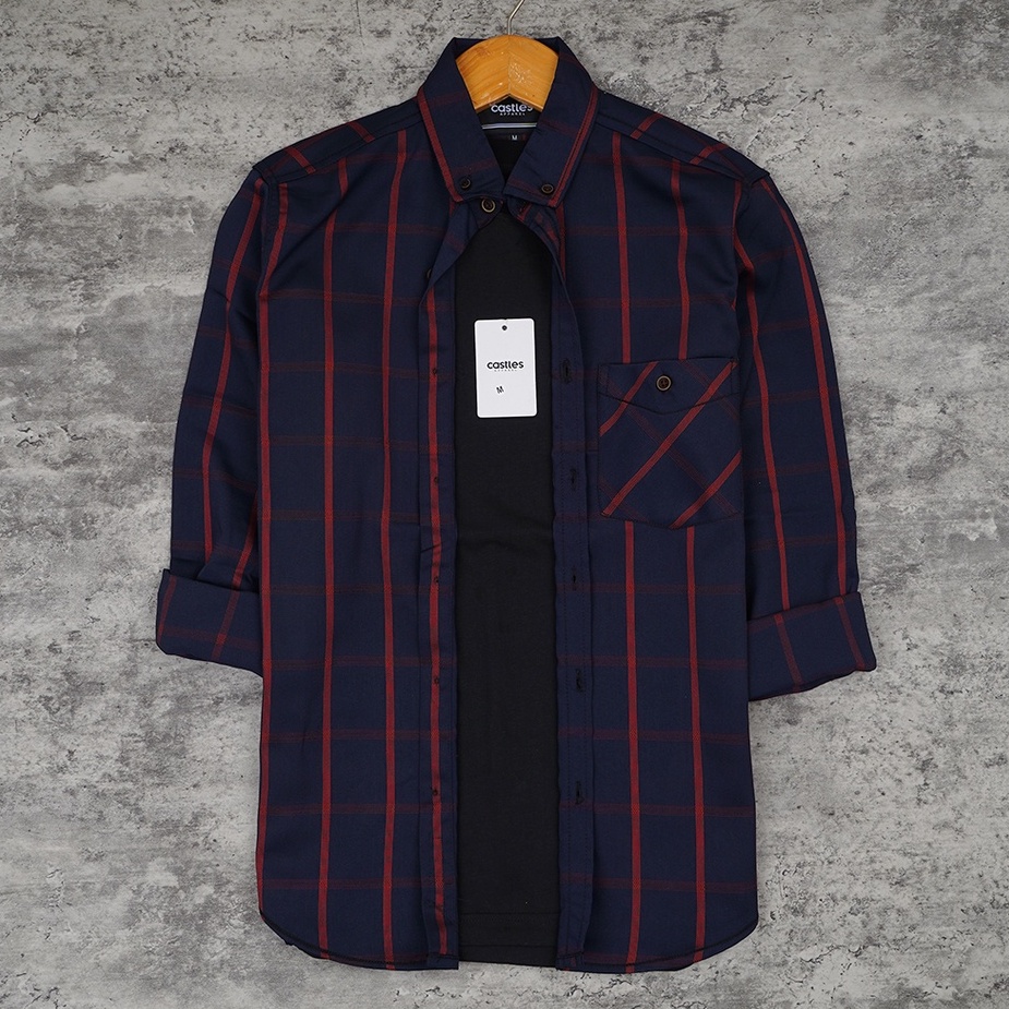 Castles.id Long Sleeve Flannel Shirt Navy Flanel Pria M L XL