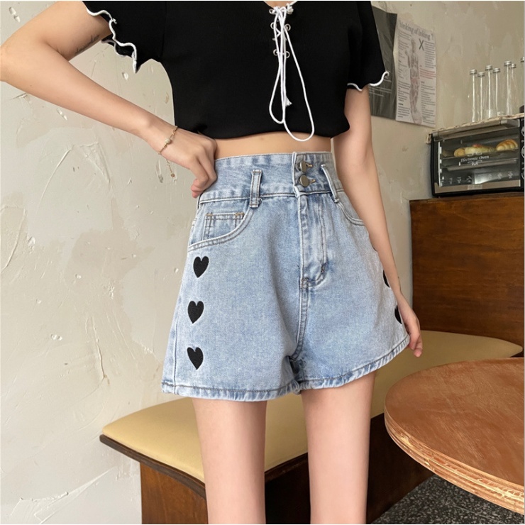 Celana Pendek Denim Celana JEANS High Waist Korean Style Celana Denim Wanita Motif Love Lingkar Kaki Lebar Celana Pendek Longgar