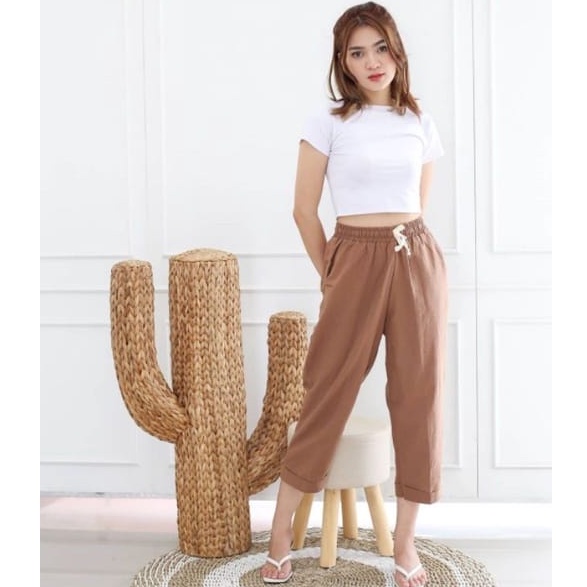 CELANA BASIC LINEN RAMI FULL KARET TALI // LOSTA PANTS