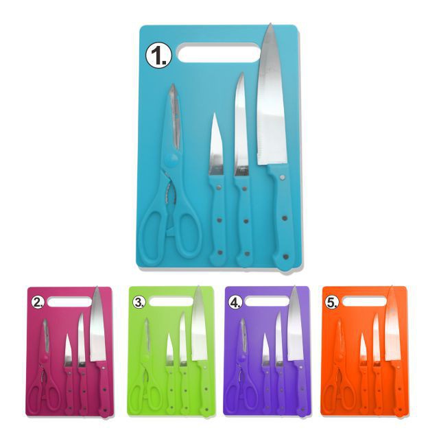 Set Pisau Dapur Knife Set 5in1 Plus Talenan Stainless Pisau Dapur 20cmx30cm