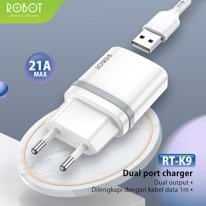 (ORIGINAL 100%) CHARGER ROBOT RT-K9 12W DUAL PORT 2.1A FREE CABLE MICRO USB MULTIPLE