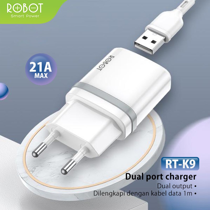 Charger 2 Port USB + Kabel Data  Micro USB 100cm Robot RT-K9 2,1A - White