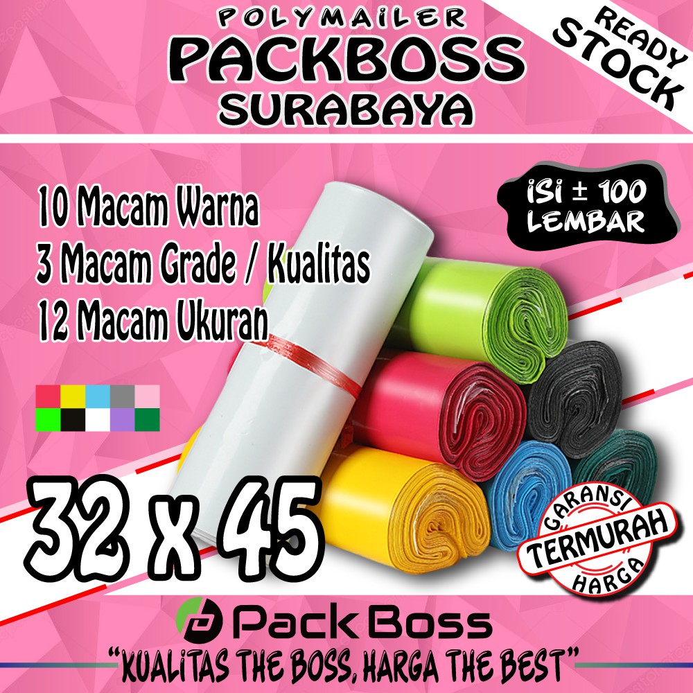 

POLYMAILER PACKBOSS 32x45 ISI ±100 LEMBAR *KUALITAS TEBAL 60mc, HARGA TERMURAH*