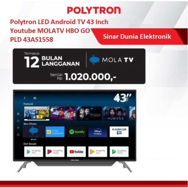 Polytron LED Android Smart TV 43&quot; Digital TV Youtube PLD 43AS1558