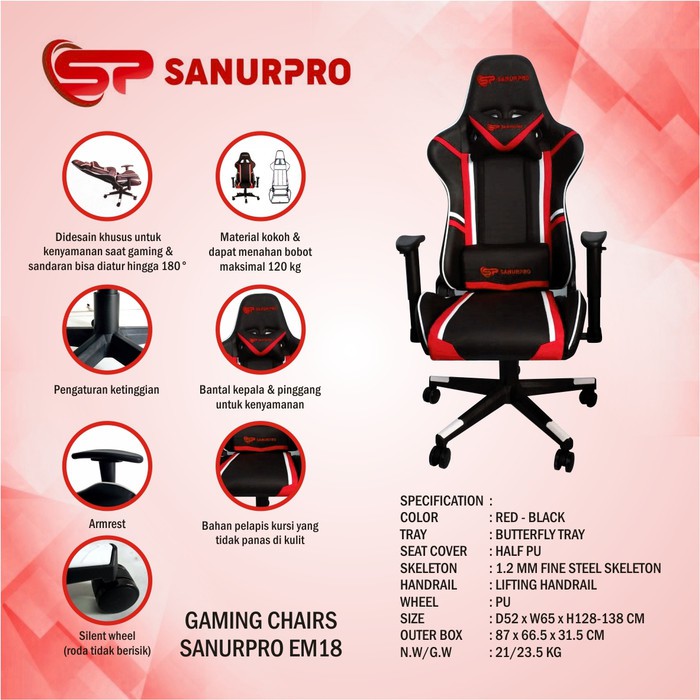 KURSI GAMING SANURPRO EM-18 BLUE RED GAMING CHAIR KURSI SANUR PRO EM18