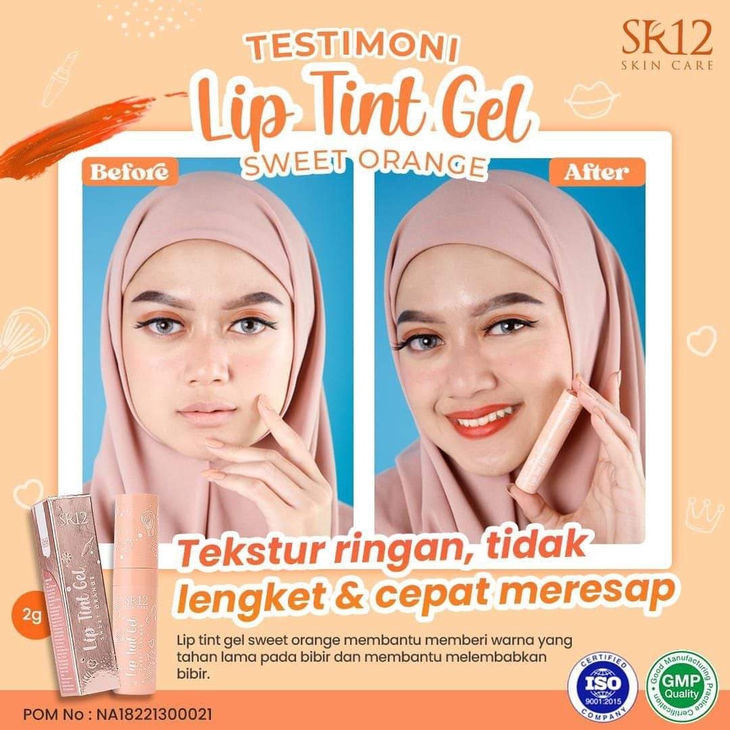 Lip Tint Gel SR12 Sweet Orange Tekstur Ringan Awet Tahan Lama Tidak Lengket Cepat Meresap BPOM