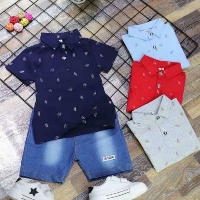 [Original Import] Setelan kemeja anak laki lengan pendek + celana levis tebal