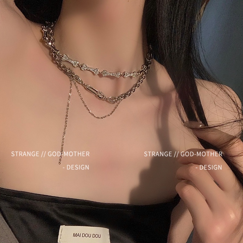 Korea sederhana rhinestone tulang liontin kalung logam tekstur elegan kalung kepribadian all-match k