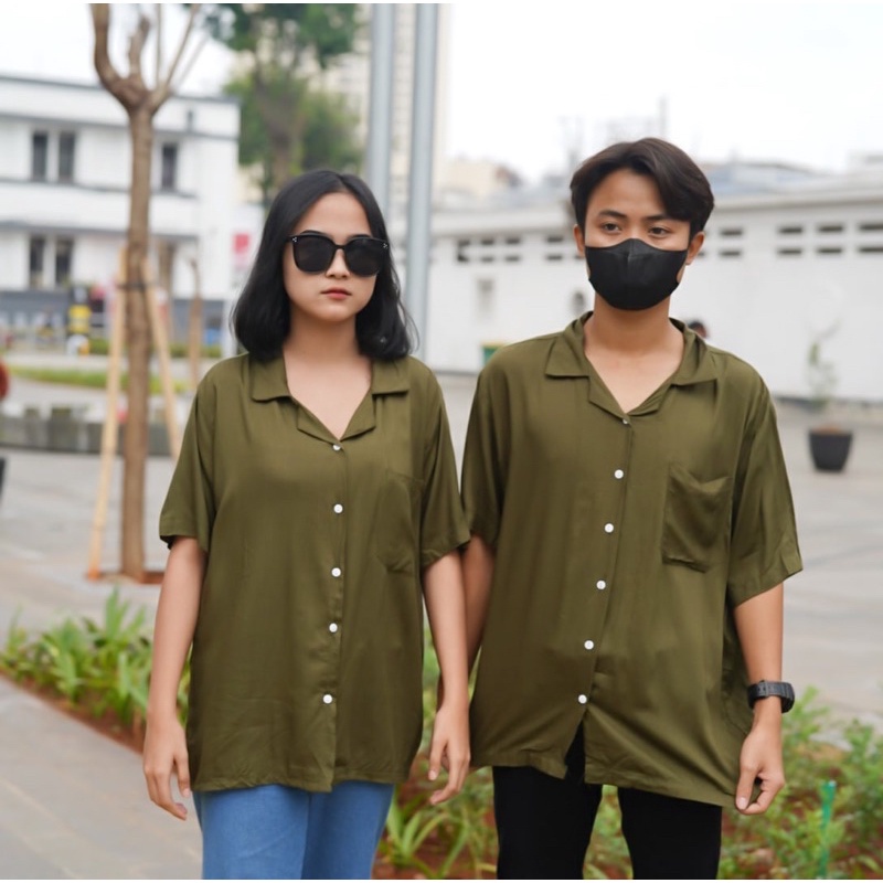 Tq88indonesia Fashion Kemeja Casual Unisex  OVERSIZE JUMBO KEMEJA HAWAI SOLID RAYON DIAMOND Lengan Pendek / Ootd